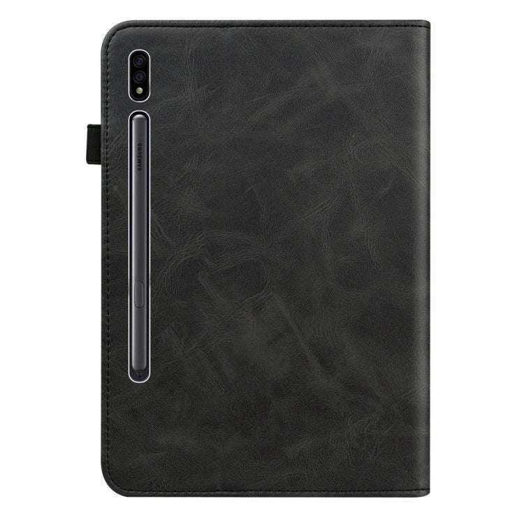 For Samsung Galaxy Tab S9 / S9 FE Solid Color Stripe Embossed Leather Tablet Case(Black)