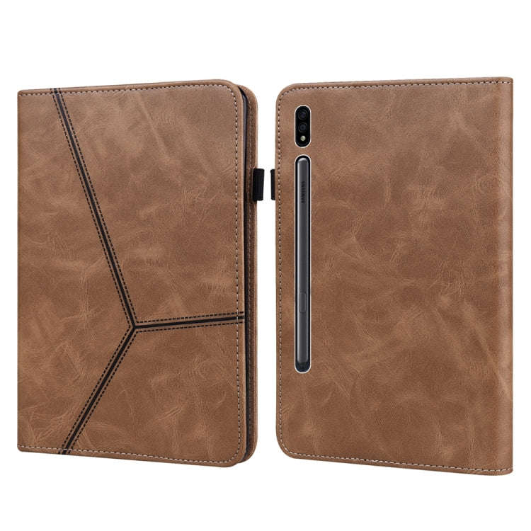 For Samsung Galaxy Tab S9 / S9 FE Solid Color Stripe Embossed Leather Tablet Case(Brown)