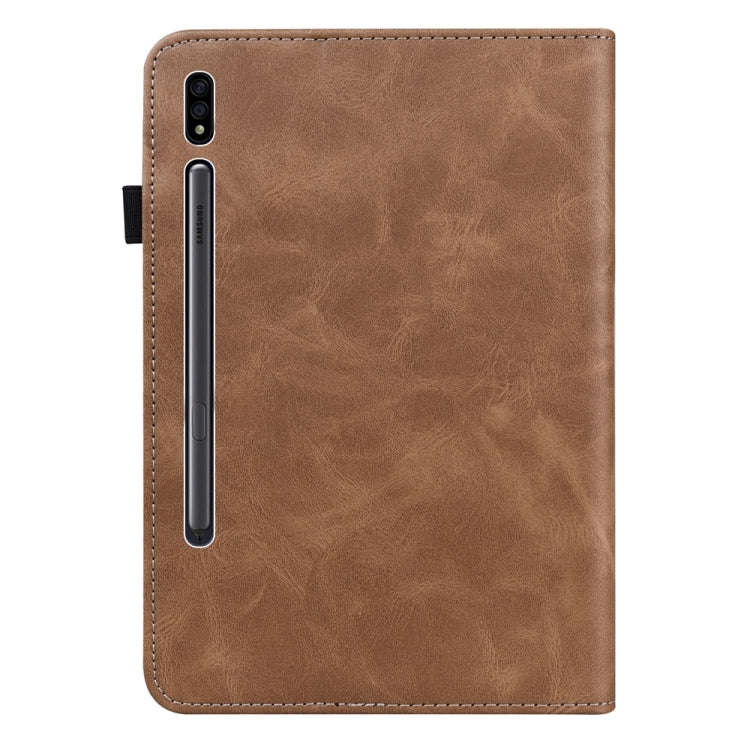 For Samsung Galaxy Tab S9 / S9 FE Solid Color Stripe Embossed Leather Tablet Case(Brown)