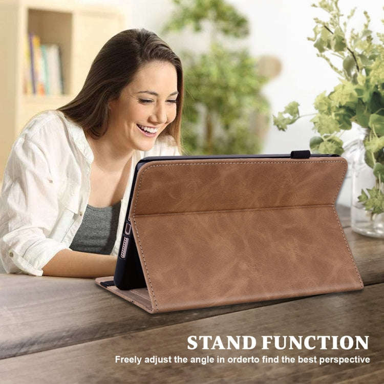 For Samsung Galaxy Tab S9 / S9 FE Solid Color Stripe Embossed Leather Tablet Case(Brown)