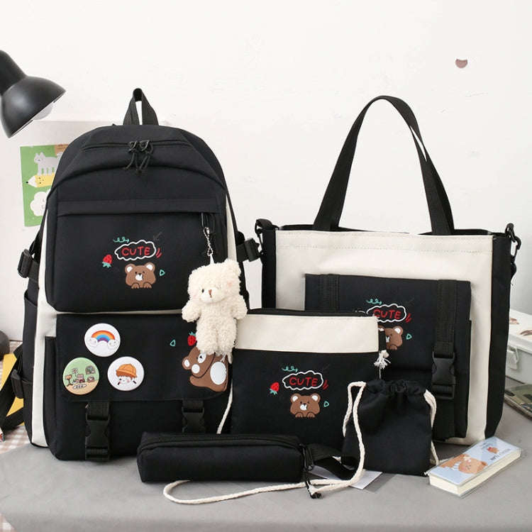 5pcs/Set Student Schoolbags, Lightweight and Cute Girls Backpack with Bear(Black)