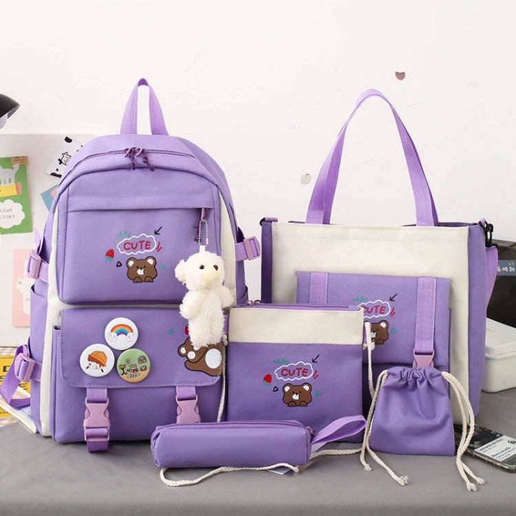 5pcs/Set Student Schoolbags, Lightweight and Cute Girls Backpack with Bear(Dark Purple)
