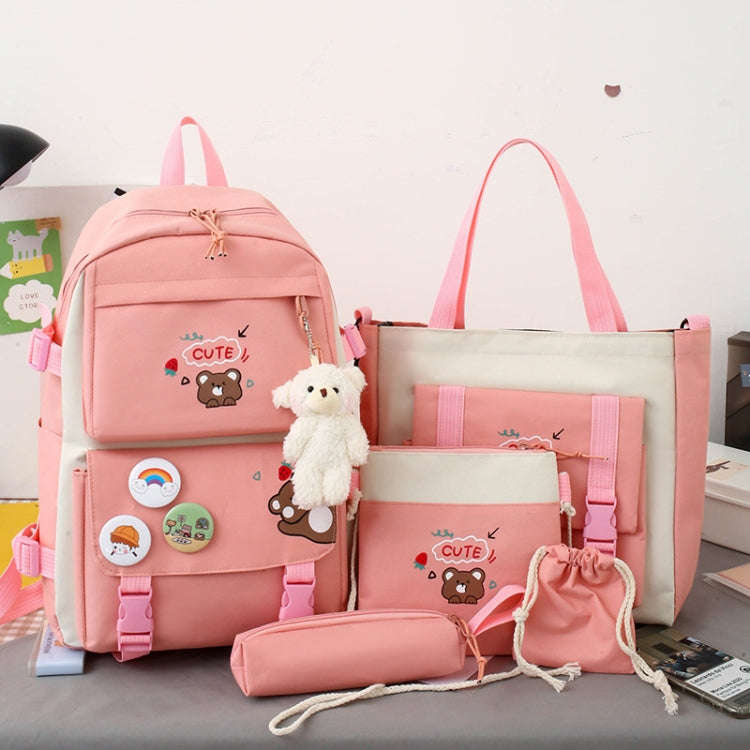 5pcs/Set Student Schoolbags, Lightweight and Cute Girls Backpack with Bear(Pink)
