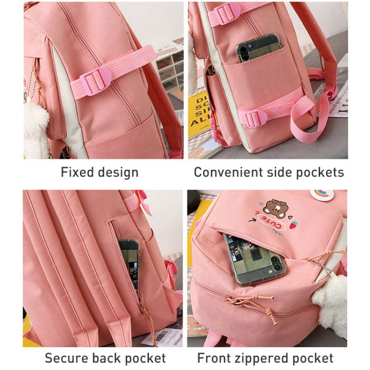 5pcs/Set Student Schoolbags, Lightweight and Cute Girls Backpack with Bear(Pink)