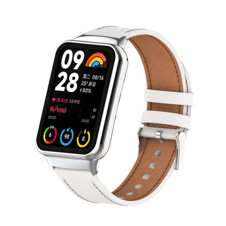 For Xiaomi Smart Band 9 Pro / 8 Pro 18mm Microfiber Sewing Leather Watch Band(White+Silver)