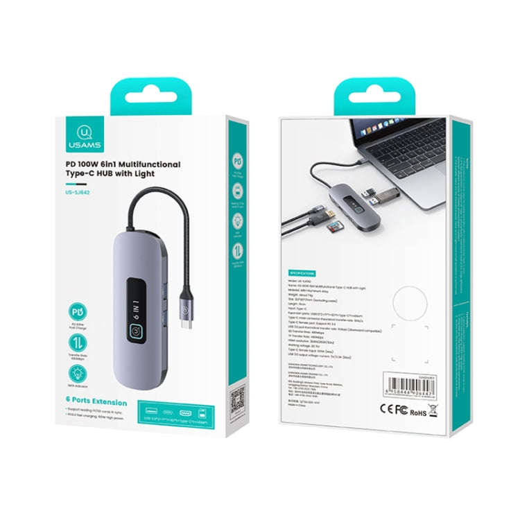 USAMS US-SJ643 PD100W 8 in 1 Aluminum Alloy Multifunctional Type-C HUB with Light(Metal Grey)
