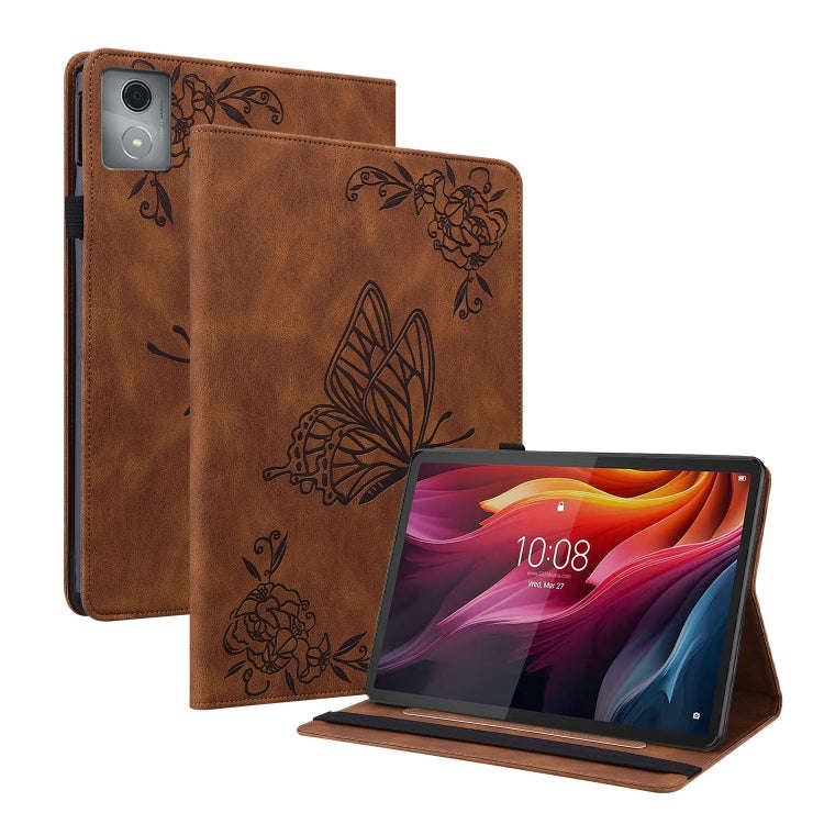 For Lenovo Tab K11 Plus Butterfly Flower Embossed Leather Tablet Case(Brown)