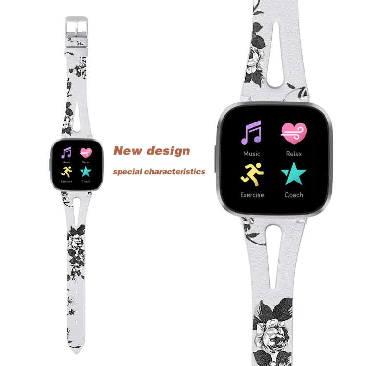 For Fitbit Versa 2 Leather Middle Opening Watch Band(White Ash Flower)