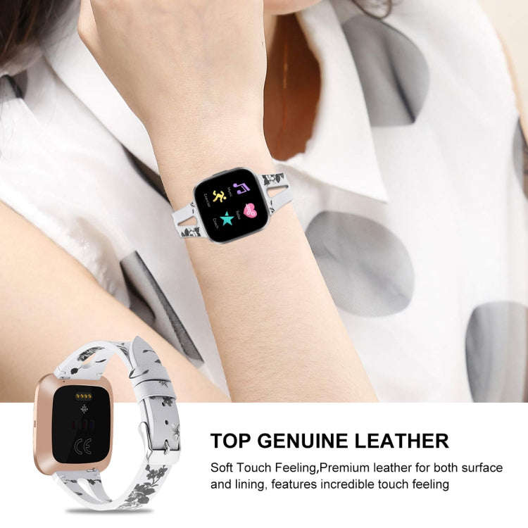 For Fitbit Versa 2 Leather Middle Opening Watch Band(White Ash Flower)