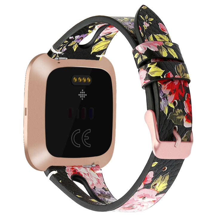For Fitbit Versa 2 Leather Middle Opening Watch Band(Black Pink Flower)