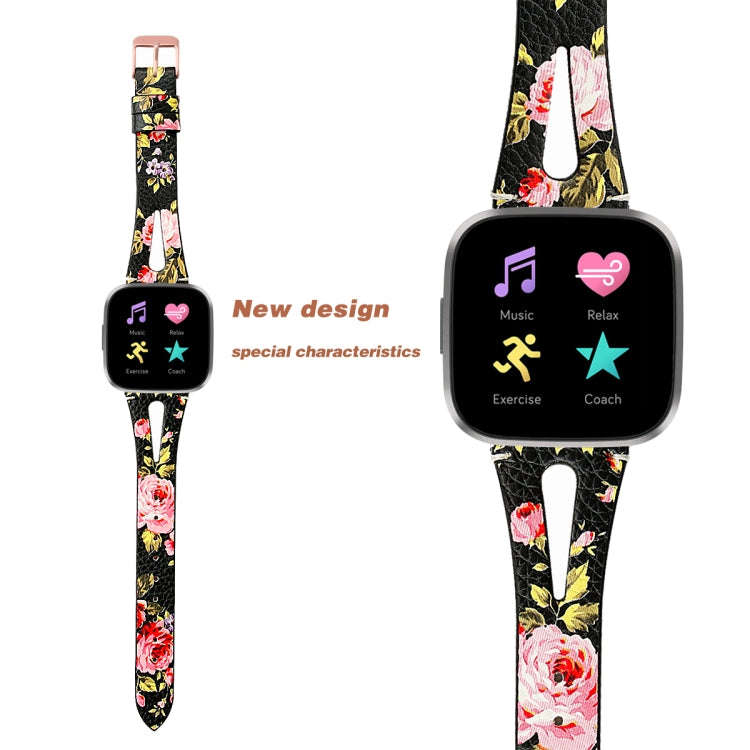 For Fitbit Versa 2 Leather Middle Opening Watch Band(Black Pink Flower)