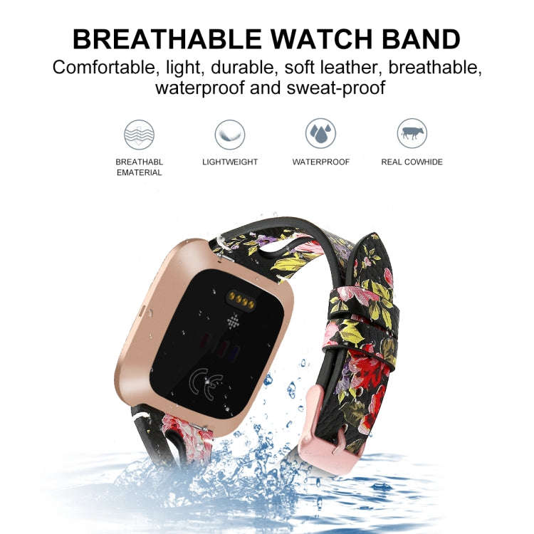 For Fitbit Versa 2 Leather Middle Opening Watch Band(Black Pink Flower)