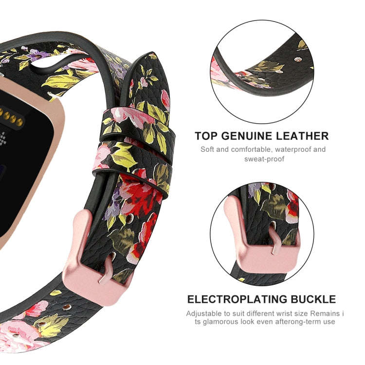 For Fitbit Versa 2 Leather Middle Opening Watch Band(Black Pink Flower)