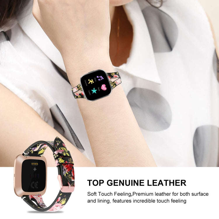 For Fitbit Versa 2 Leather Middle Opening Watch Band(Black Pink Flower)