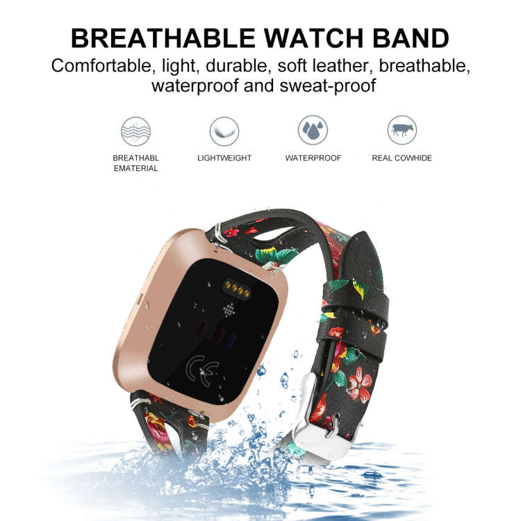 For Fitbit Versa 2 Leather Middle Opening Watch Band(Black Safflower)