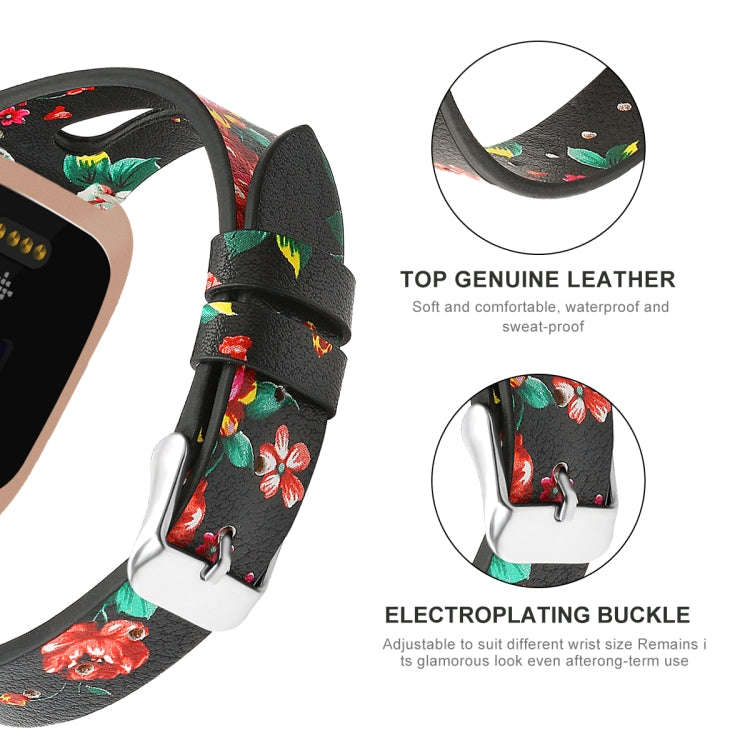 For Fitbit Versa 2 Leather Middle Opening Watch Band(Black Safflower)