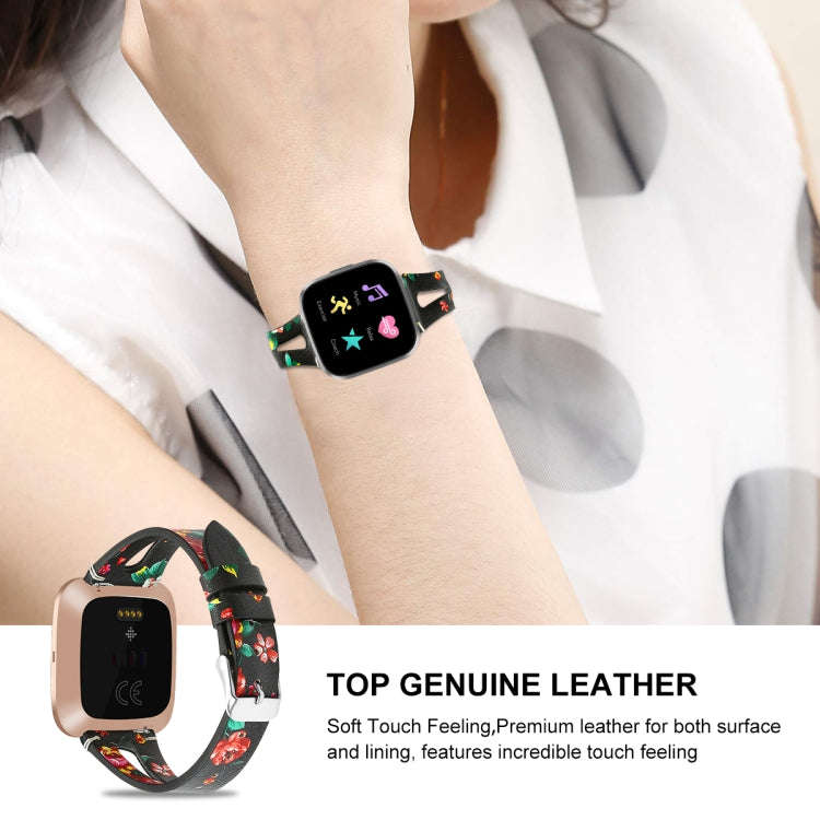 For Fitbit Versa 2 Leather Middle Opening Watch Band(Black Safflower)
