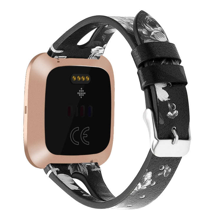 For Fitbit Versa 2 Leather Middle Opening Watch Band(Black Ash Flower)