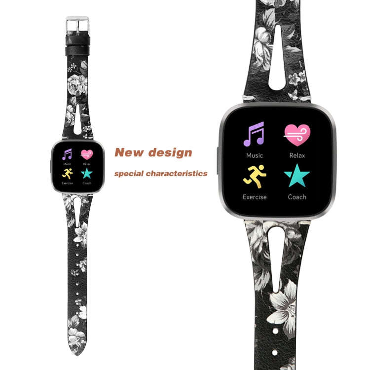 For Fitbit Versa 2 Leather Middle Opening Watch Band(Black Ash Flower)