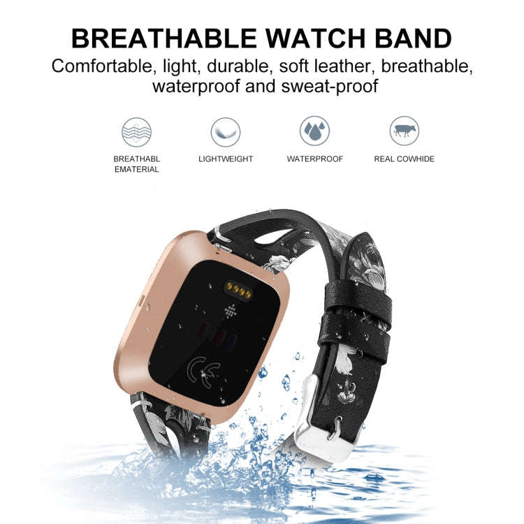 For Fitbit Versa 2 Leather Middle Opening Watch Band(Black Ash Flower)