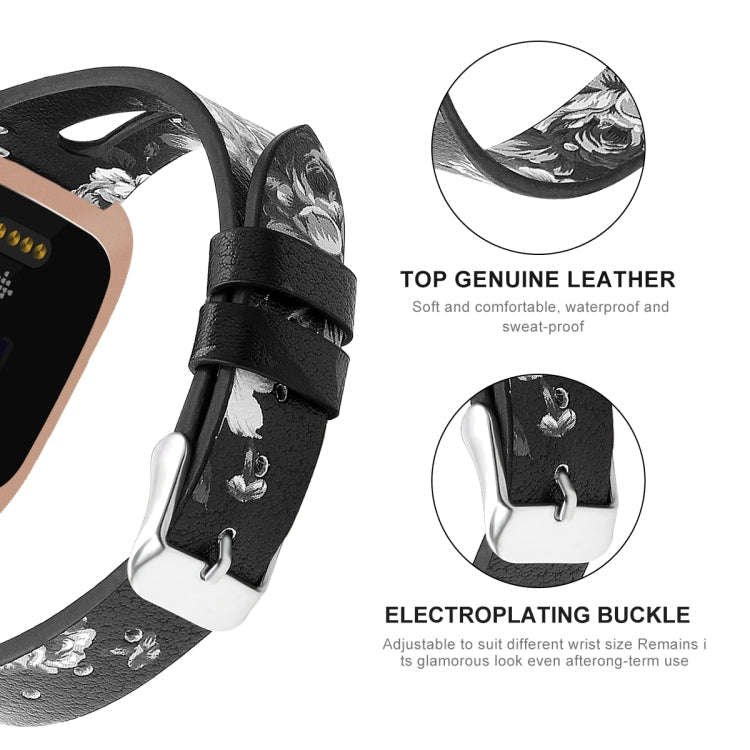 For Fitbit Versa 2 Leather Middle Opening Watch Band(Black Ash Flower)