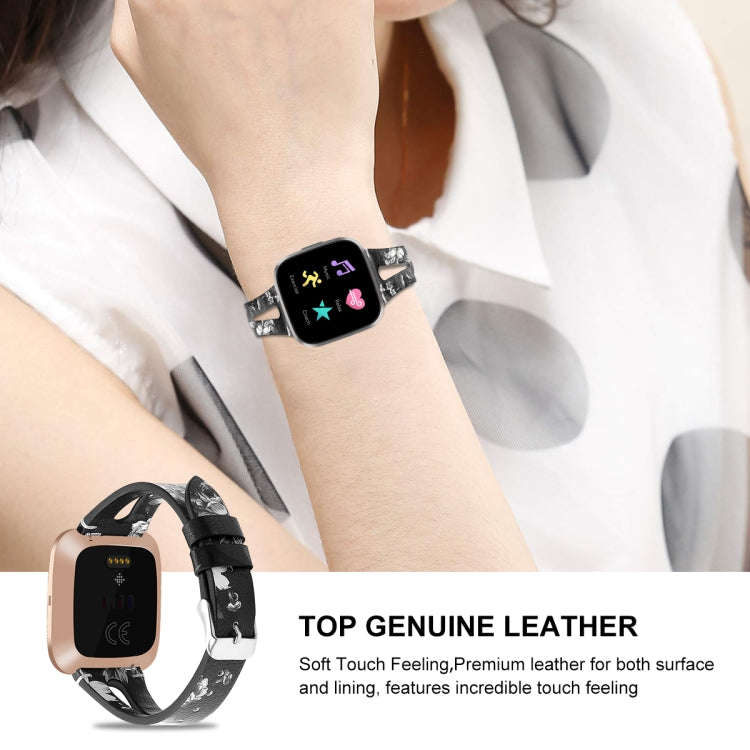 For Fitbit Versa 2 Leather Middle Opening Watch Band(Black Ash Flower)