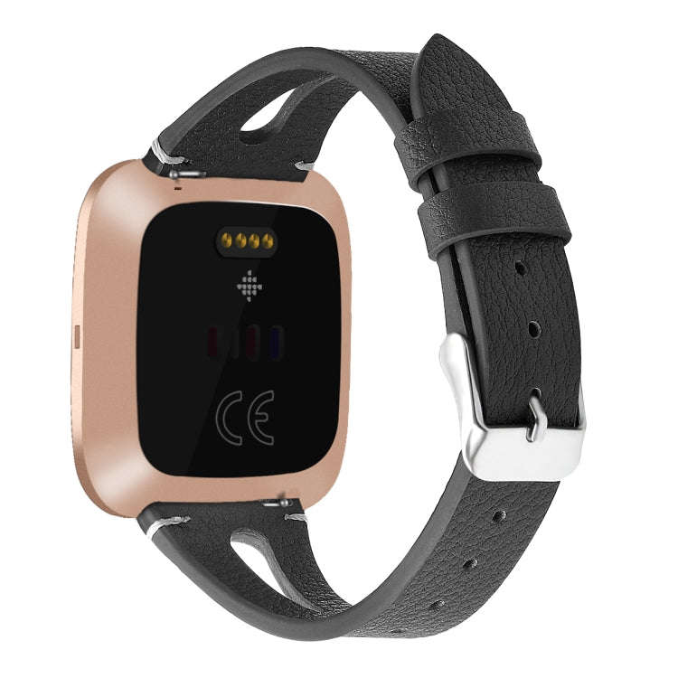 For Fitbit Versa 2 Leather Middle Opening Watch Band(Black)