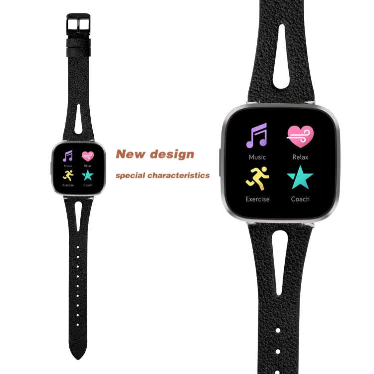 For Fitbit Versa 2 Leather Middle Opening Watch Band(Black)
