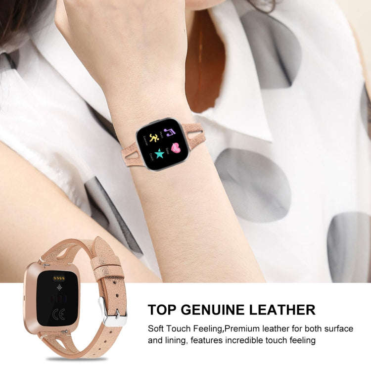 For Fitbit Versa 2 Leather Middle Opening Watch Band(Champagne Gold)