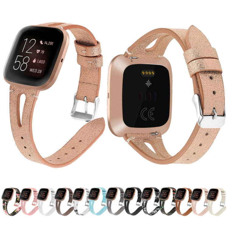 For Fitbit Versa 2 Leather Middle Opening Watch Band(Black Ash Flower)