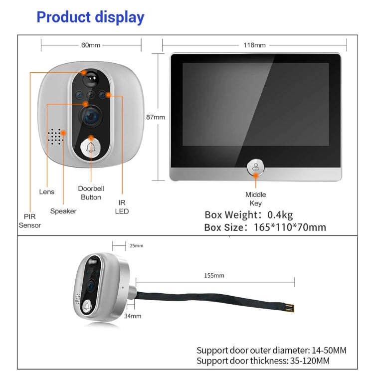 ESCAM C85 1080P 4.3 inch Smart WIFI Digital Door Viewer Supports Wide-Angle PIR & Night Vision & ...