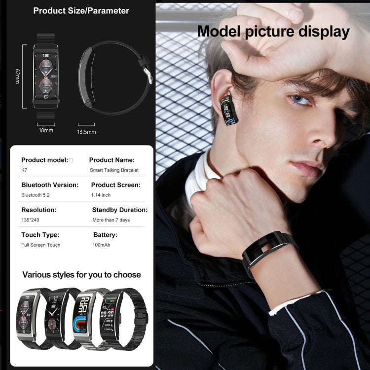 K7 1.14 inch TFT Screen Smart Call Bracelet, BT Call / Heart Rate / Blood Pressure / Blood Oxygen...