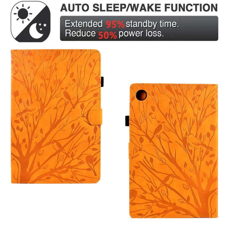 For Samsung Galaxy Tab A9+ Fortune Tree Embossed Leather Smart Tablet Case(Khaki)
