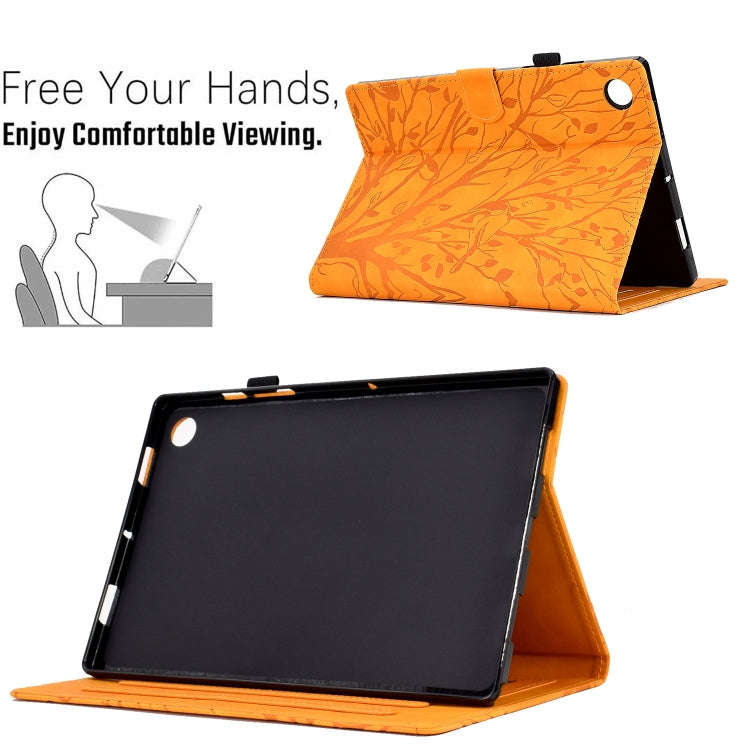For Samsung Galaxy Tab A9+ Fortune Tree Embossed Leather Smart Tablet Case(Khaki)