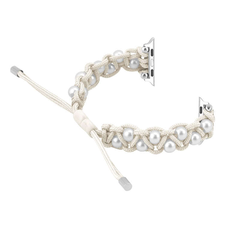 For Apple Watch Series 8 45mm Paracord Gypsophila Beads Drawstring Braided Watch Band(White)