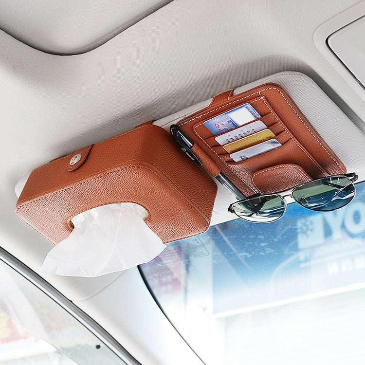 Car Litchi Texture Hanging Tissue Box Sun Visor Card Storage Clip(Brown)