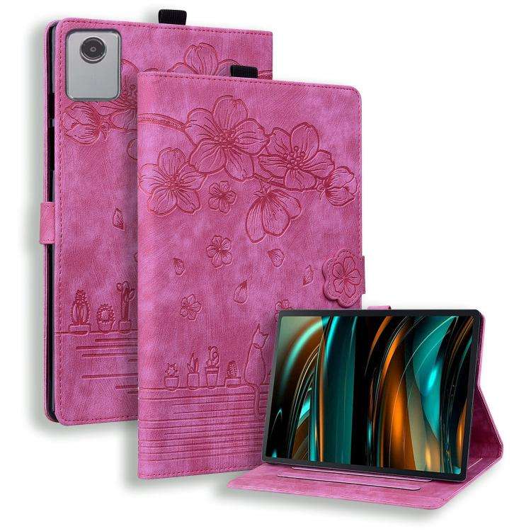 For Lenovo Xiaoxin Pad 11 2025 Cartoon Sakura Cat Embossed Leather Tablet Case(Rose Red)
