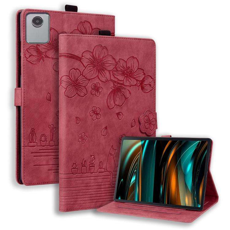 For Lenovo Xiaoxin Pad 11 2025 Cartoon Sakura Cat Embossed Leather Tablet Case(Red)