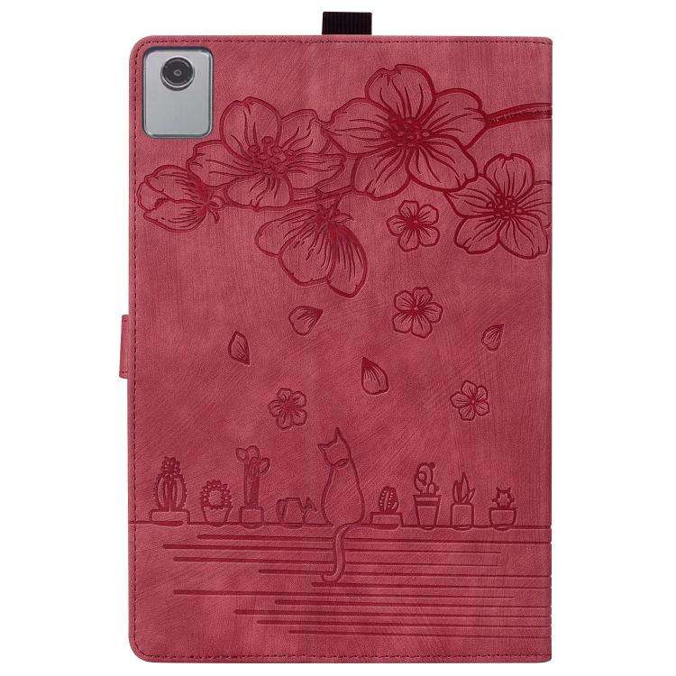For Lenovo Xiaoxin Pad 11 2025 Cartoon Sakura Cat Embossed Leather Tablet Case(Red)