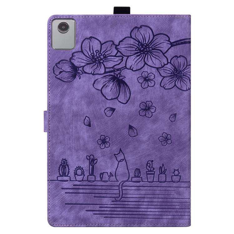 For Lenovo Xiaoxin Pad 11 2025 Cartoon Sakura Cat Embossed Leather Tablet Case(Purple)