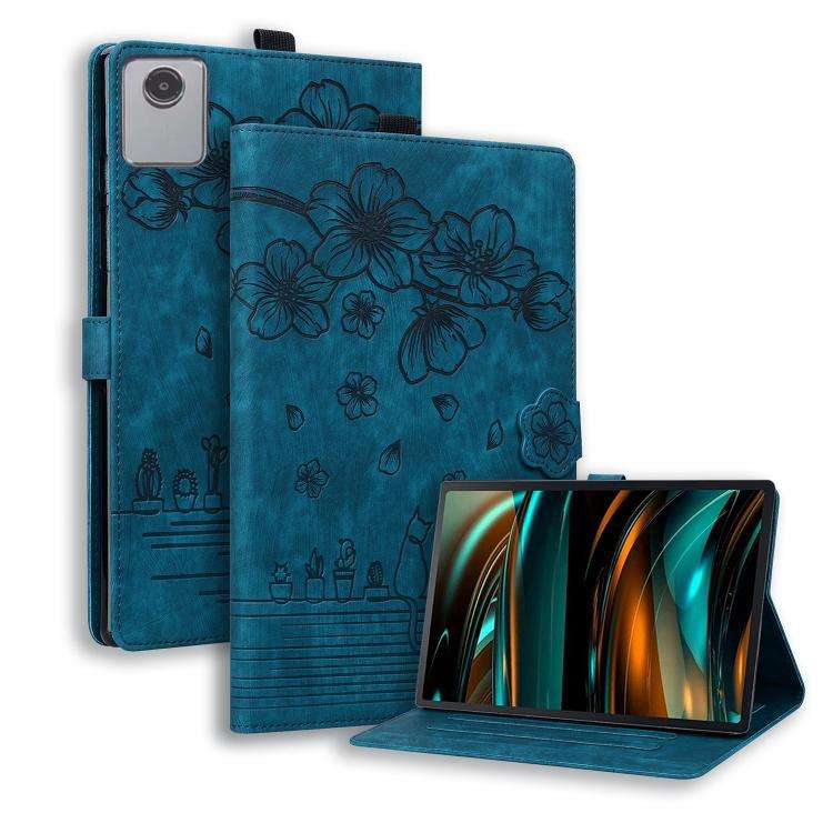 For Lenovo Xiaoxin Pad 11 2025 Cartoon Sakura Cat Embossed Leather Tablet Case(Blue)