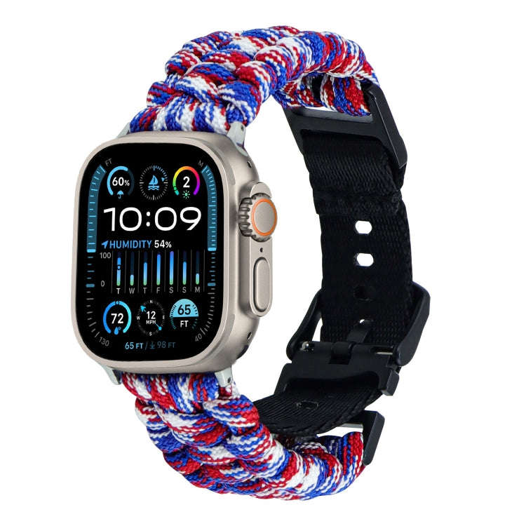 For Apple Watch Ultra 49mm Paracord Plain Braided Webbing Buckle Watch Band(Red White Blue)