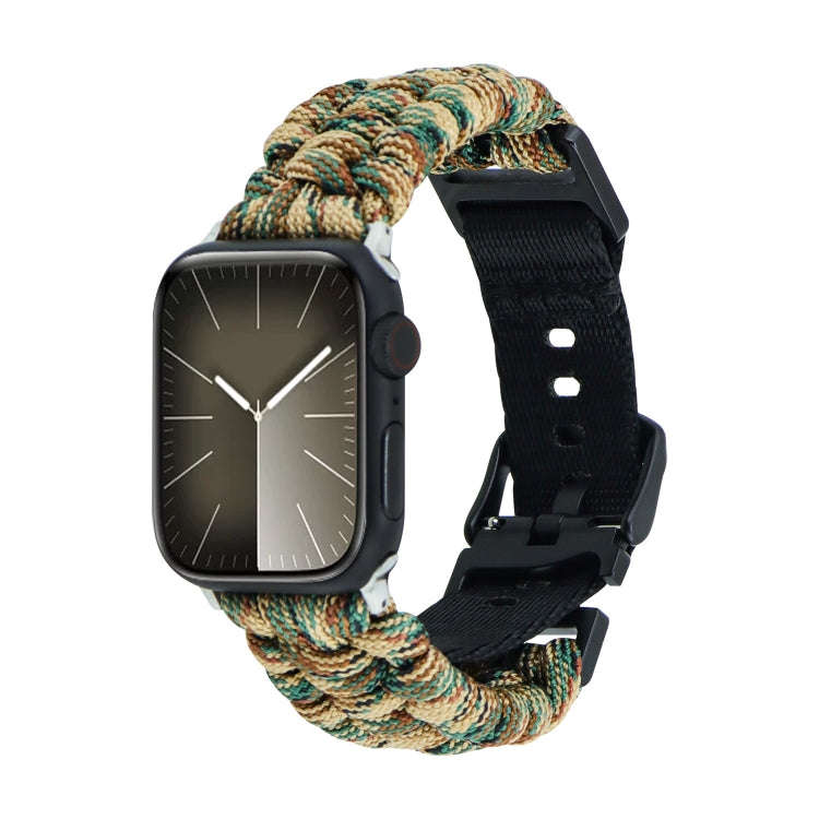 For Apple Watch Series 8 45mm Paracord Plain Braided Webbing Buckle Watch Band(Army Green Camoufl...