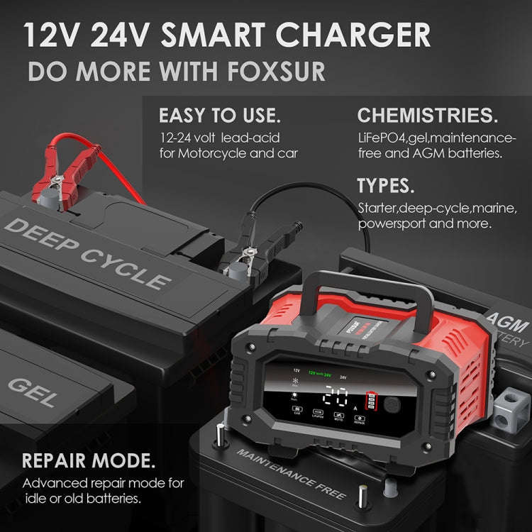 FOXSUR 12V / 24V 20A 300W Portable Motorcycle Car Smart Battery Charger(EU Plug)