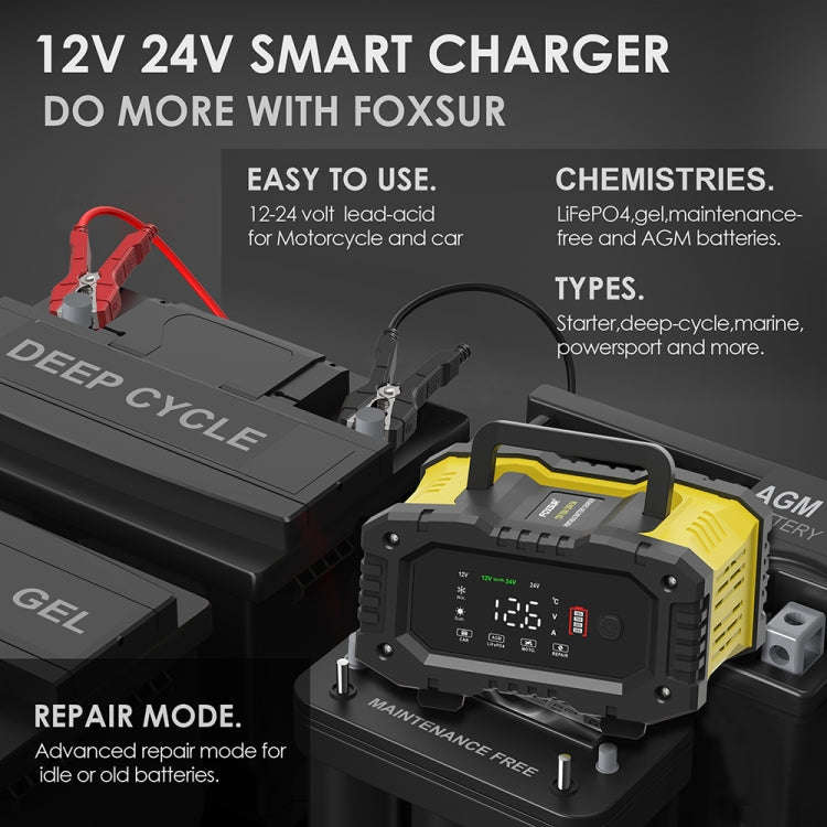 FOXSUR 12V / 24V 10A Portable Motorcycle Car Smart Battery Charger(EU Plug)