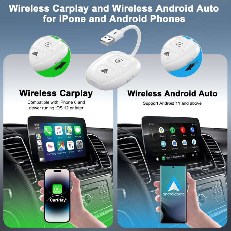 THT-020-9-1 USB + USB-C / Type-C Wired to Wireless Carplay / Android Auto Adapter(White)