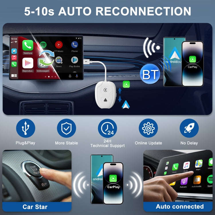 THT-020-9-1 USB + USB-C / Type-C Wired to Wireless Carplay / Android Auto Adapter(White)