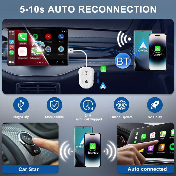 THT-020-9 USB + USB-C / Type-C Wired to Wireless Carplay / Android Auto Adapter(White)