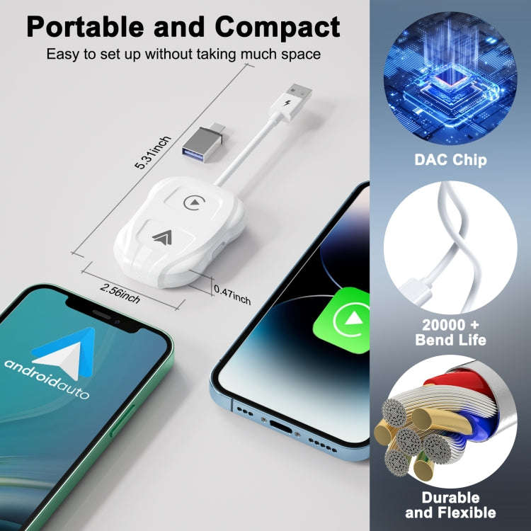 THT-020-9 USB + USB-C / Type-C Wired to Wireless Carplay / Android Auto Adapter(White)