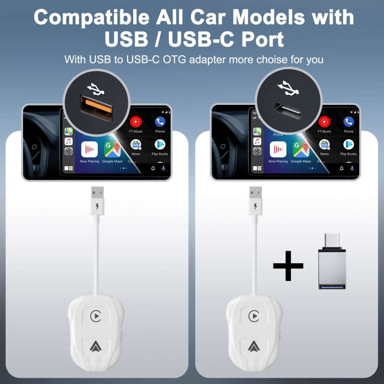 THT-020-9 USB + USB-C / Type-C Wired to Wireless Carplay / Android Auto Adapter(White)